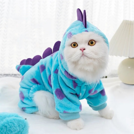 Casaco Fantasia de Dinossauro Azul para Pets – Roupa Quentinha com Capuz | Outono/Inverno para Cães e Gatos Pequenos e Médios