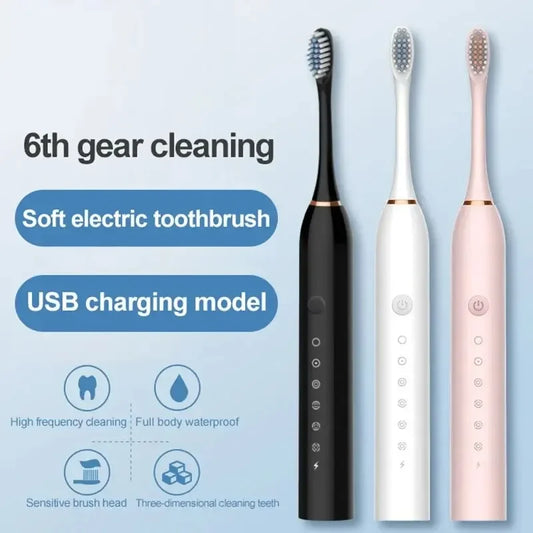 Escova de Dentes Elétrica Ultrassônica – 6 Modos de Velocidade | USB, Cerdas Macias, à Prova d’Água | Kit Adulto Automático para Casal
