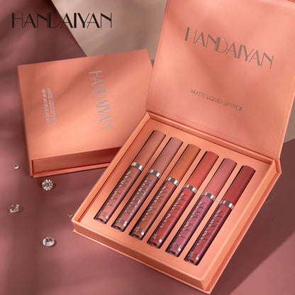 Kit com 6 Batons Líquidos HANDAIYAN – Acabamento Matte, Longa Duração e Resistente ao Desbotamento
