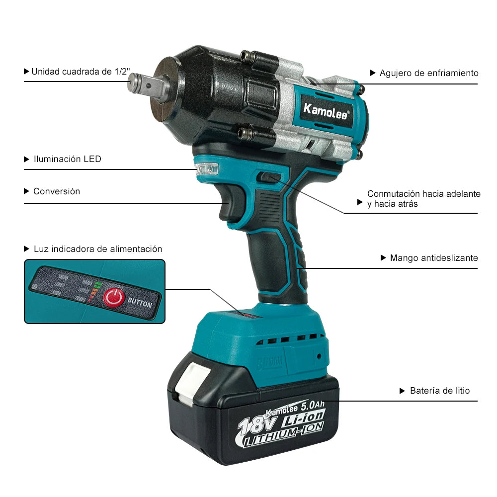 Chave de impacto elétrica sem fio Kamolee 2100 N.m de alto torque de 1/2 polegada sem escovas 18V-21V ferramenta de chave de bateria