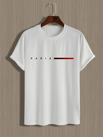 Men's 100% cotton summer loose PARIS Creative Letter print casual slim fit round neck short sleeved T-shirt top