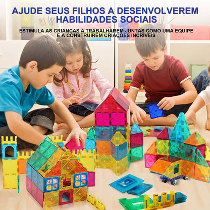 Blocos Magnéticos 3D Coloridos – 130 Peças Transparentes | Brinquedo Educativo de Montar para Crianças