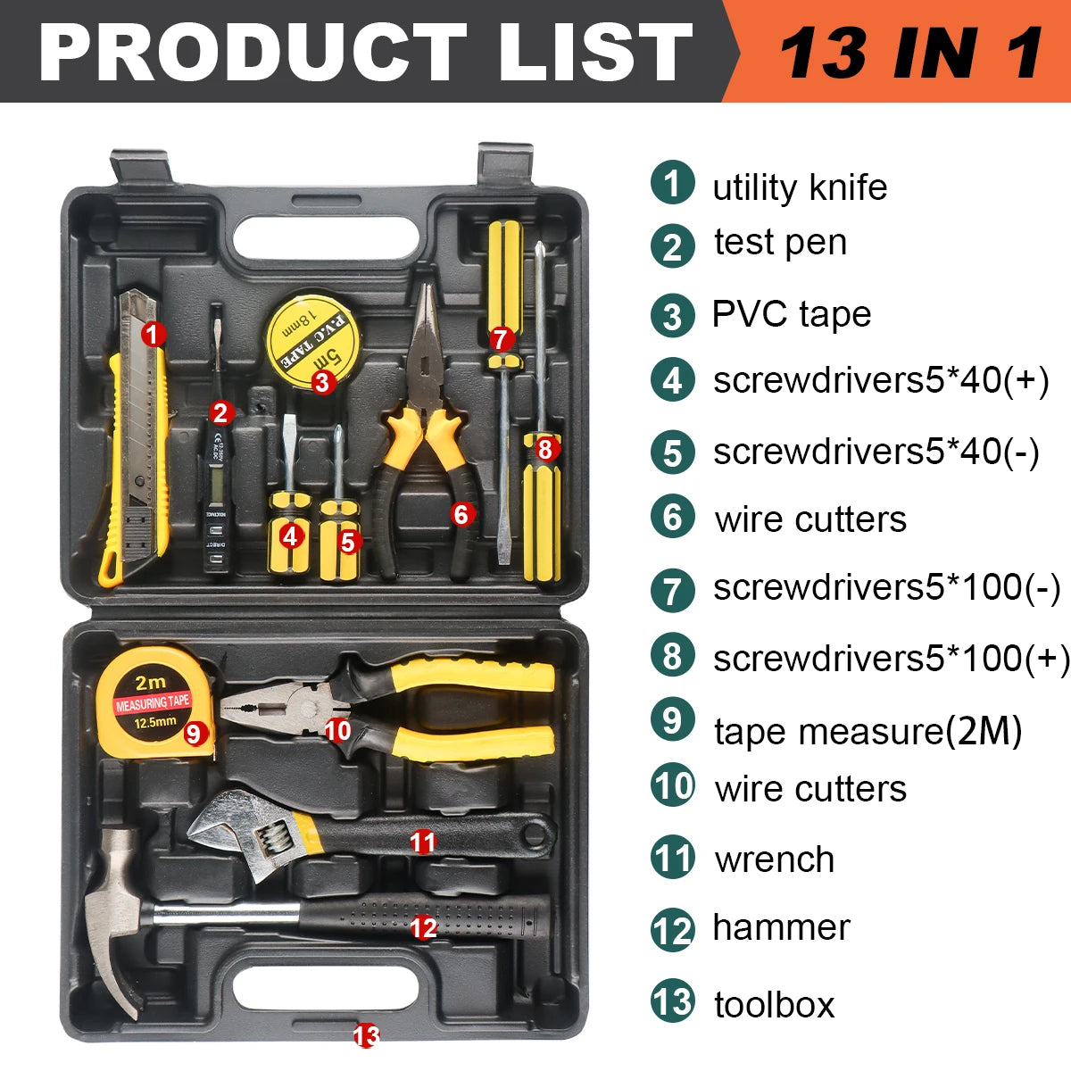 Kit de Ferramentas 8/9/12/13 Peças – Uso Doméstico e Automotivo | Maleta Plástica Organizada para Reparos em Casa e no Carro