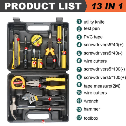 Kit de Ferramentas 8/9/12/13 Peças – Uso Doméstico e Automotivo | Maleta Plástica Organizada para Reparos em Casa e no Carro