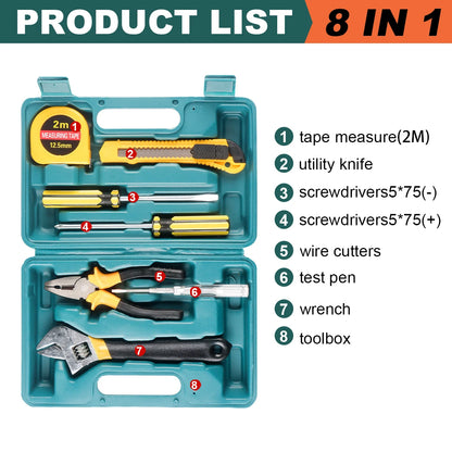 Kit de Ferramentas 8/9/12/13 Peças – Uso Doméstico e Automotivo | Maleta Plástica Organizada para Reparos em Casa e no Carro
