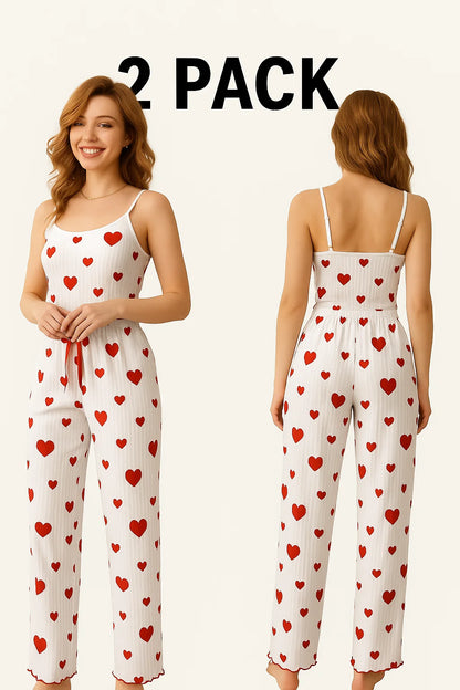 Pijama Feminino Plus Size 2 Peças – Regata Curta + Calça | Branco, Estampa de Corações, Tecido Respirável e Macio