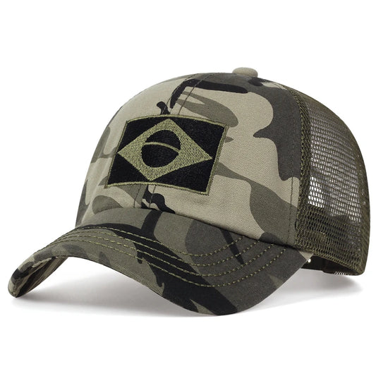 Boné Camuflado com Bandeira do Brasil – Estilo Militar Ajustável | Algodão Confortável para Esporte, Hip Hop e Aventura