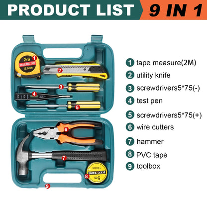 Kit de Ferramentas 8/9/12/13 Peças – Uso Doméstico e Automotivo | Maleta Plástica Organizada para Reparos em Casa e no Carro