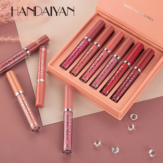 Kit com 6 Batons Líquidos HANDAIYAN – Acabamento Matte, Longa Duração e Resistente ao Desbotamento